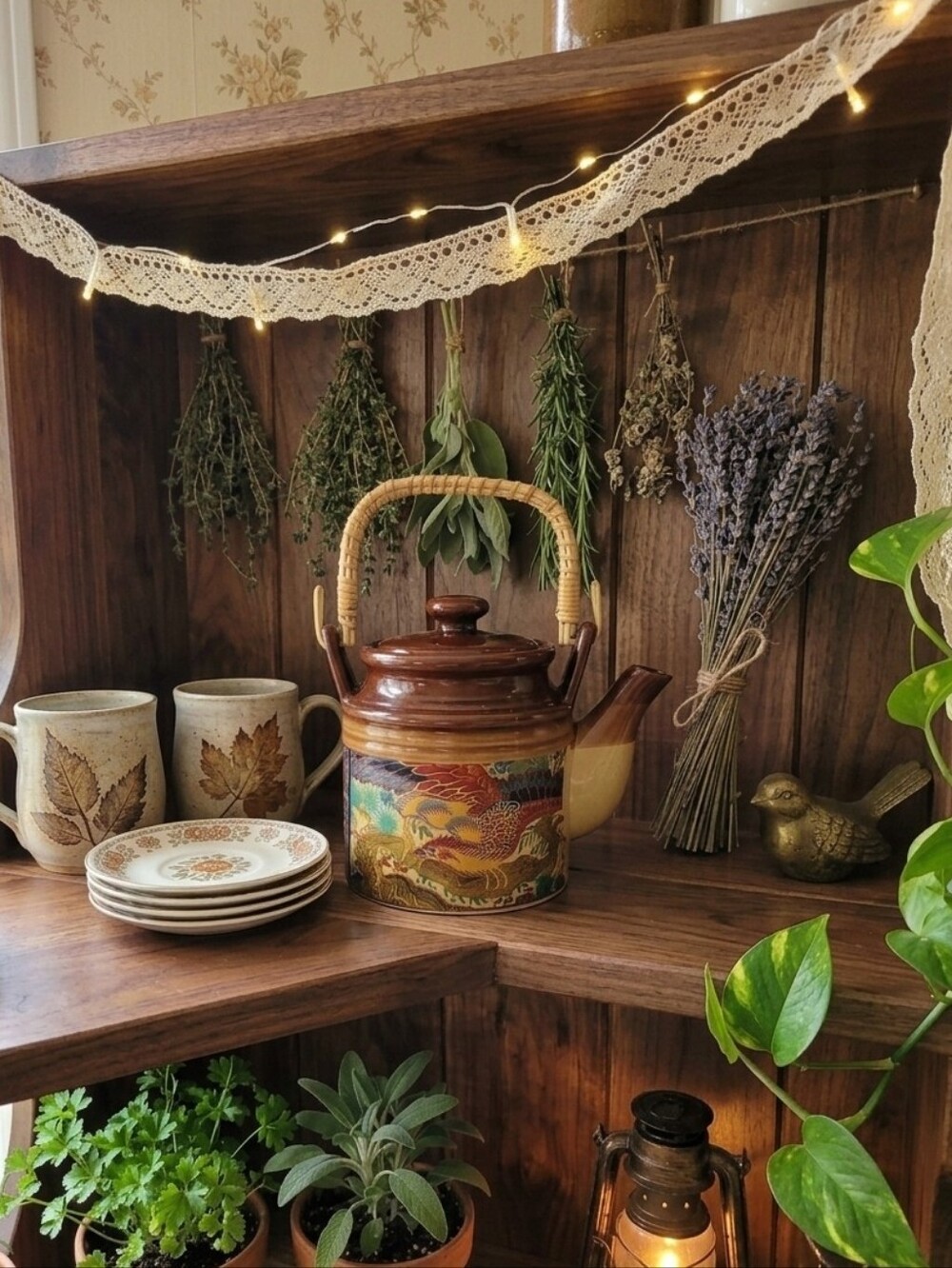 Brown Ceramic Teapot with Woven Handle - Decorative Home Art